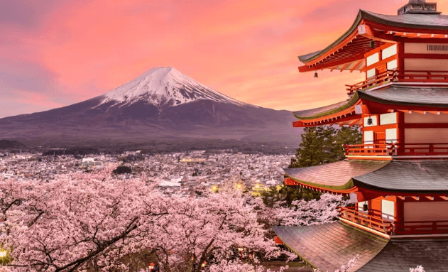 富士山、五重塔与春日樱花