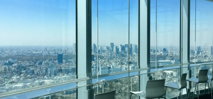 从室内展望空间眺望东京城市,日间景观展示